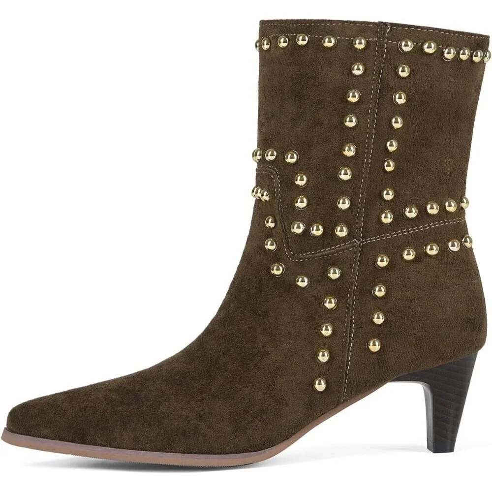 Women's Brown Ankle Boots Pointed Toe Low Kitten Heel Slip On Rivet Booties